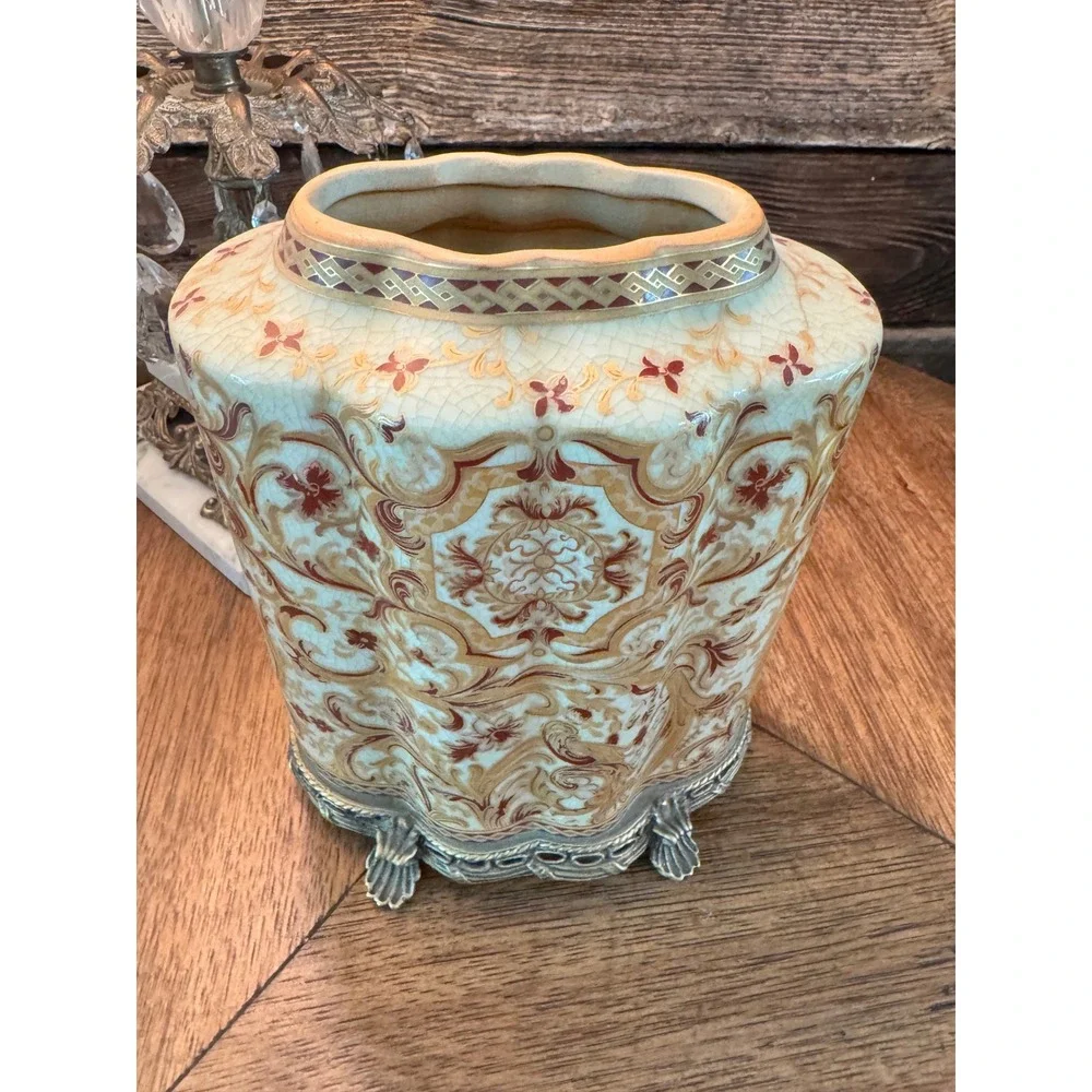 Amita Crackle Glaze Ceramic Jar with Ormolu Brass Base Floral Decorative Vase